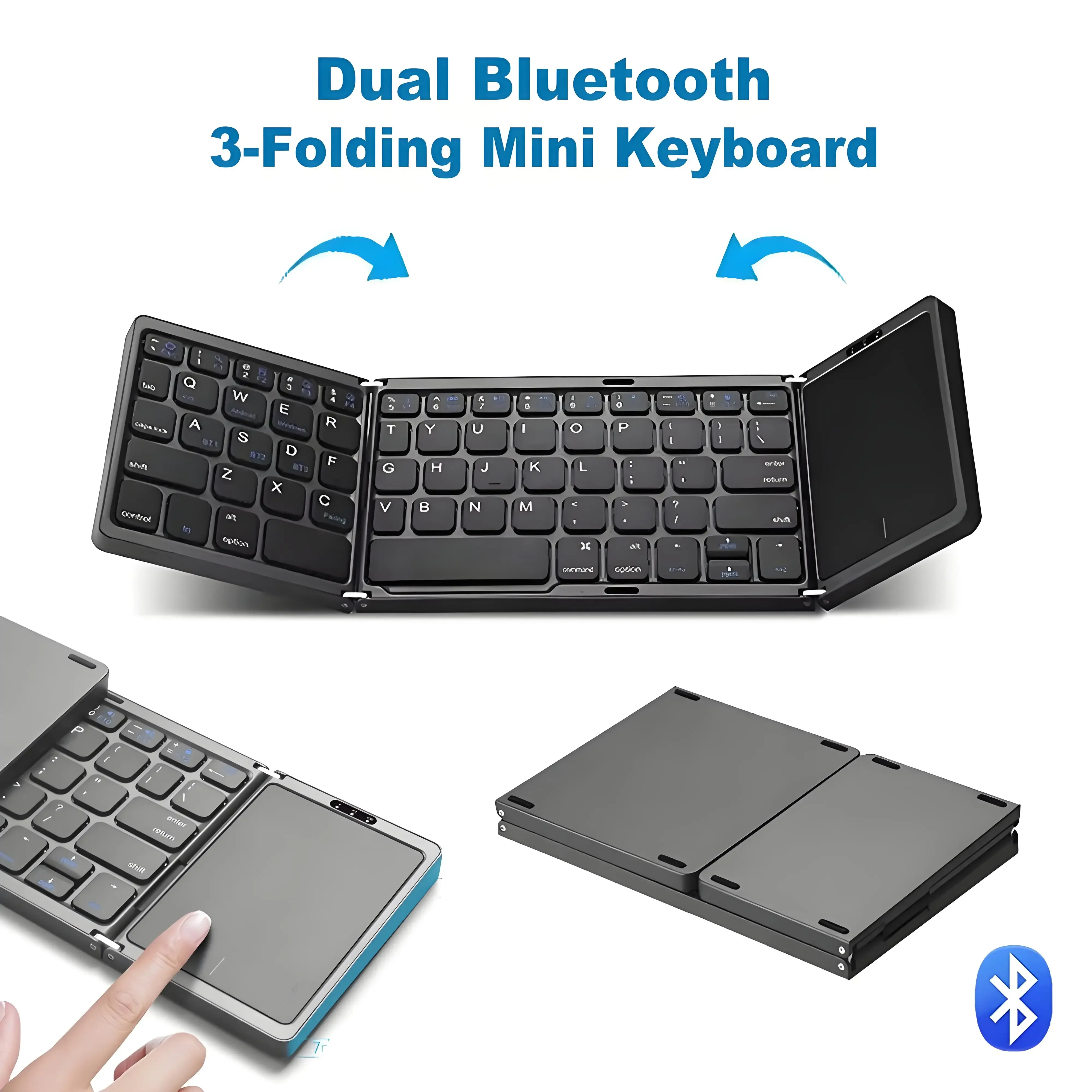 Teclado Bluetooth dual Mini teclado plegable de 3 plegables Teclado portátil plegable recargable con panel táctil para Win Android IOS iPad