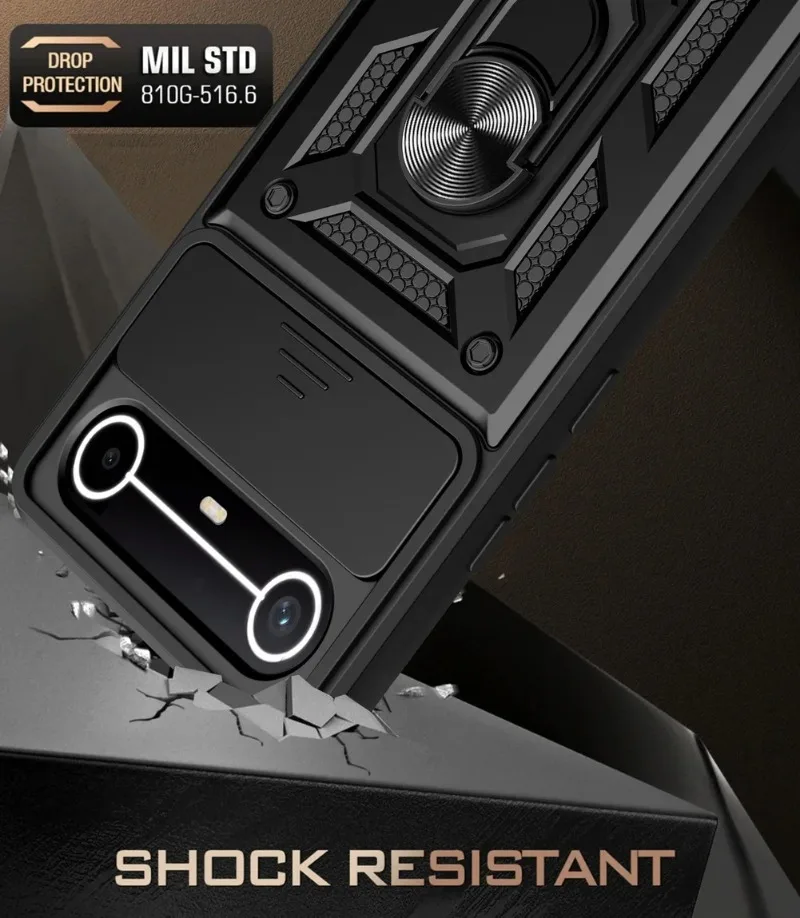 Funda de teléfono con protección de lente de cámara deslizante para Tecno Spark Slim Ring Stand cubierta trasera híbrida a prueba de golpes para Tecno Pova Slim - imagen 5