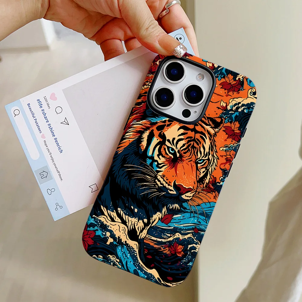 Funda de teléfono con diseño de tigre de dibujos animados para iPhone 16, 15, 14, 13, 12, 11 Pro Max Plus, funda trasera magnética de lujo de doble capa - imagen 2