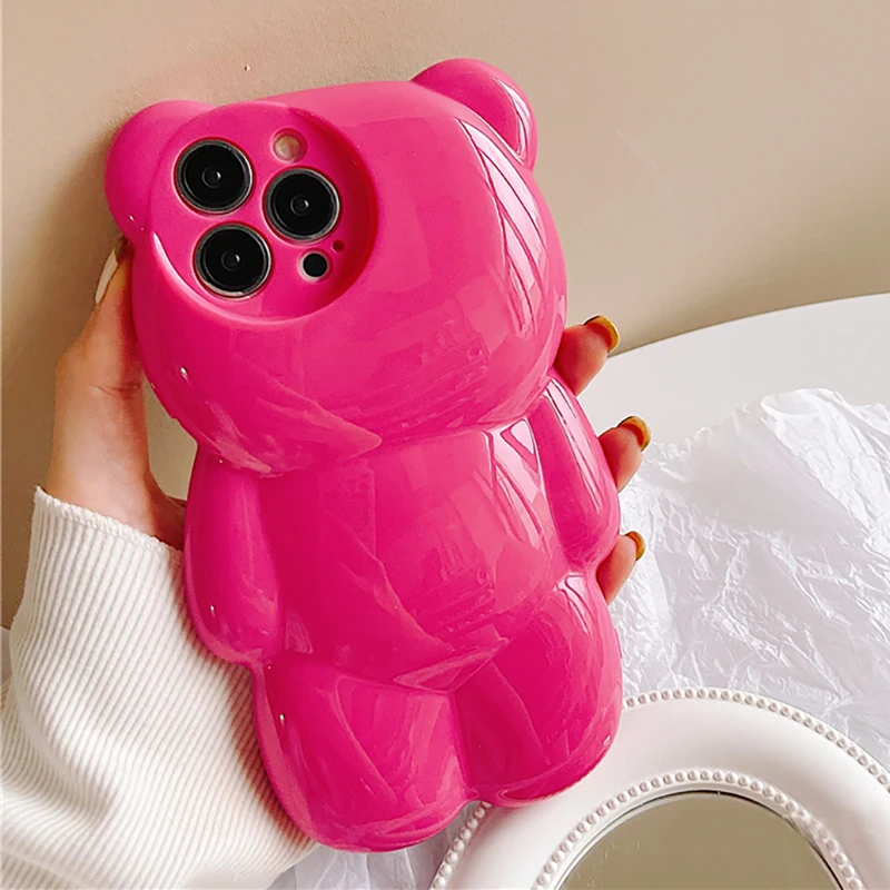 Funda de teléfono coreana con bonito oso rosa de dibujos animados en 3D para iPhone 14, 13, 12, 11, 15 Pro Max, funda trasera suave a prueba de golpes con animales encantadores - imagen 4