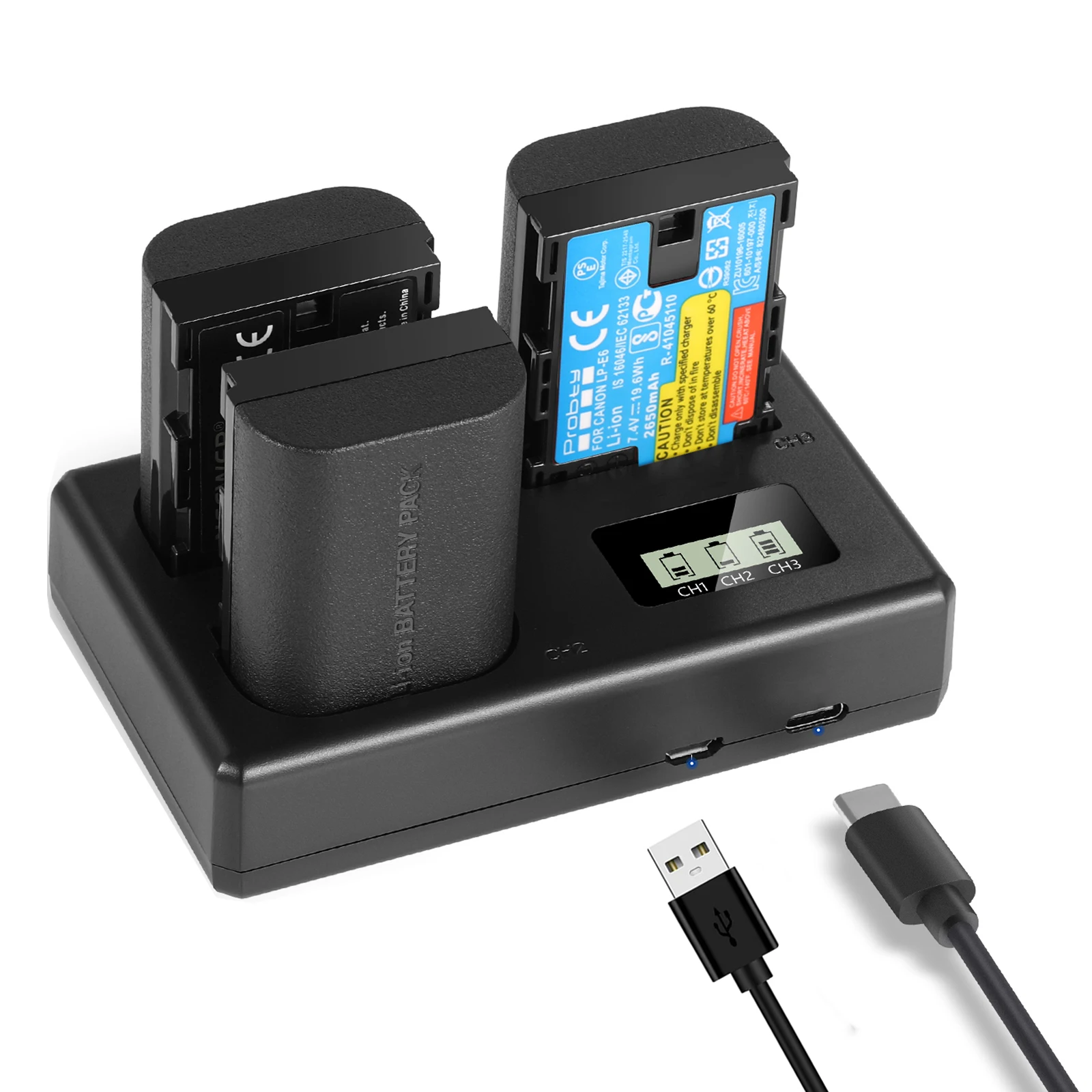 Batería LP-E6 LP E6N de 2650mAh, cargador de 3 canales para Canon 5D Mark II III 5D Mark IV 5DS/5DS R 60D 6D Mark II 7D 7D Mark II 70D