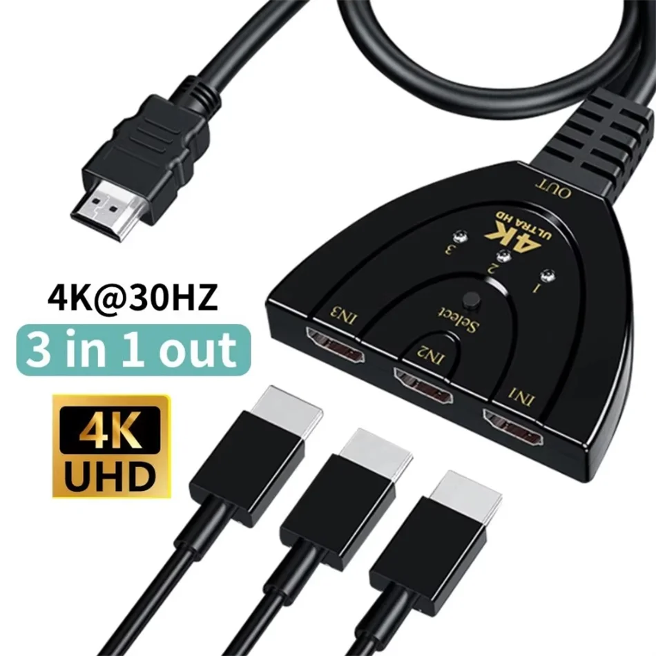 Cable de interruptor Compatible con HDMI 4K, adaptador de conmutador de vídeo, 3 entradas, 1 puerto de salida Hub para PC, TV, Xbox, PS3/4, divisor de Monitor de proyector - imagen 2