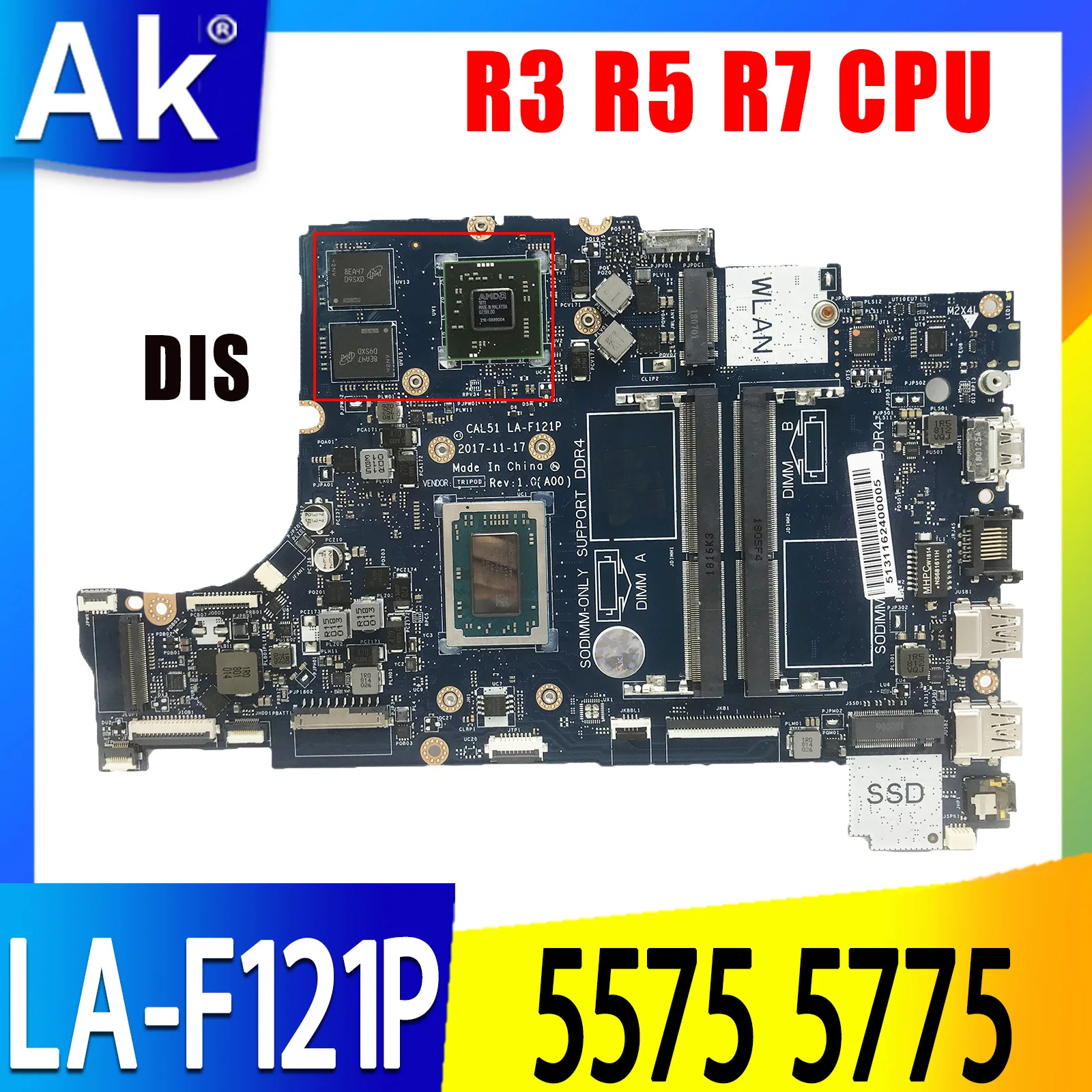 Placa base para portátil DELL Inspiron 5575 5775 LA-F121P CAL51 01N0P9 0PV8CV 0GMXP8 09XH0N 0R9NMC R3 R5 R7
