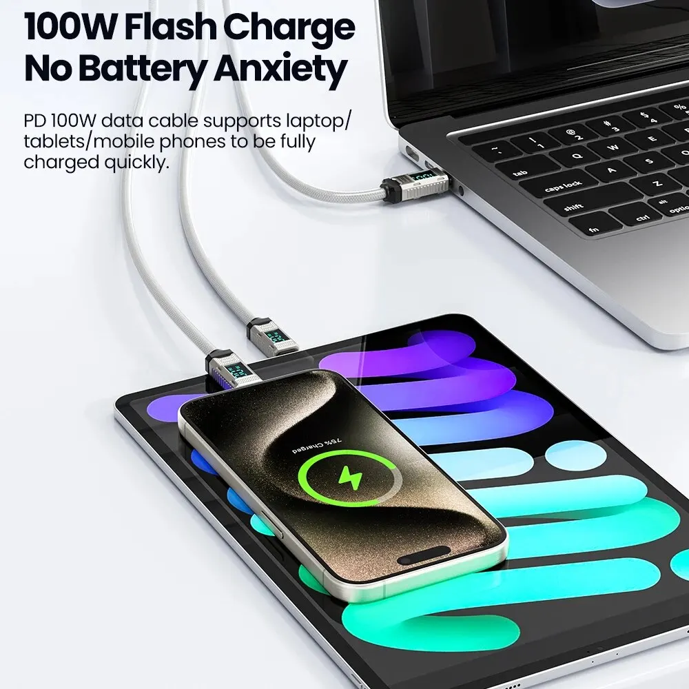 Toocki PD 100W tipo C a tipo C Cable para iPhone 15 5A pantalla LED de carga rápida Cable USB para Xiaomi 12 13 Poco Realme Macbook - imagen 3