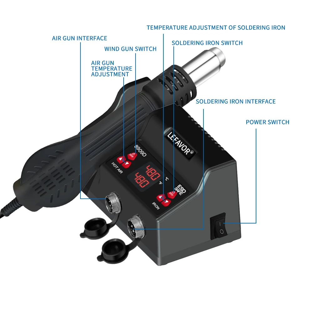 Lefavor-Estación de soldadura digital 8909, herramienta de retrabajo de soldadura BGA SMD, soldador + pistola de aire caliente portátil - imagen 4