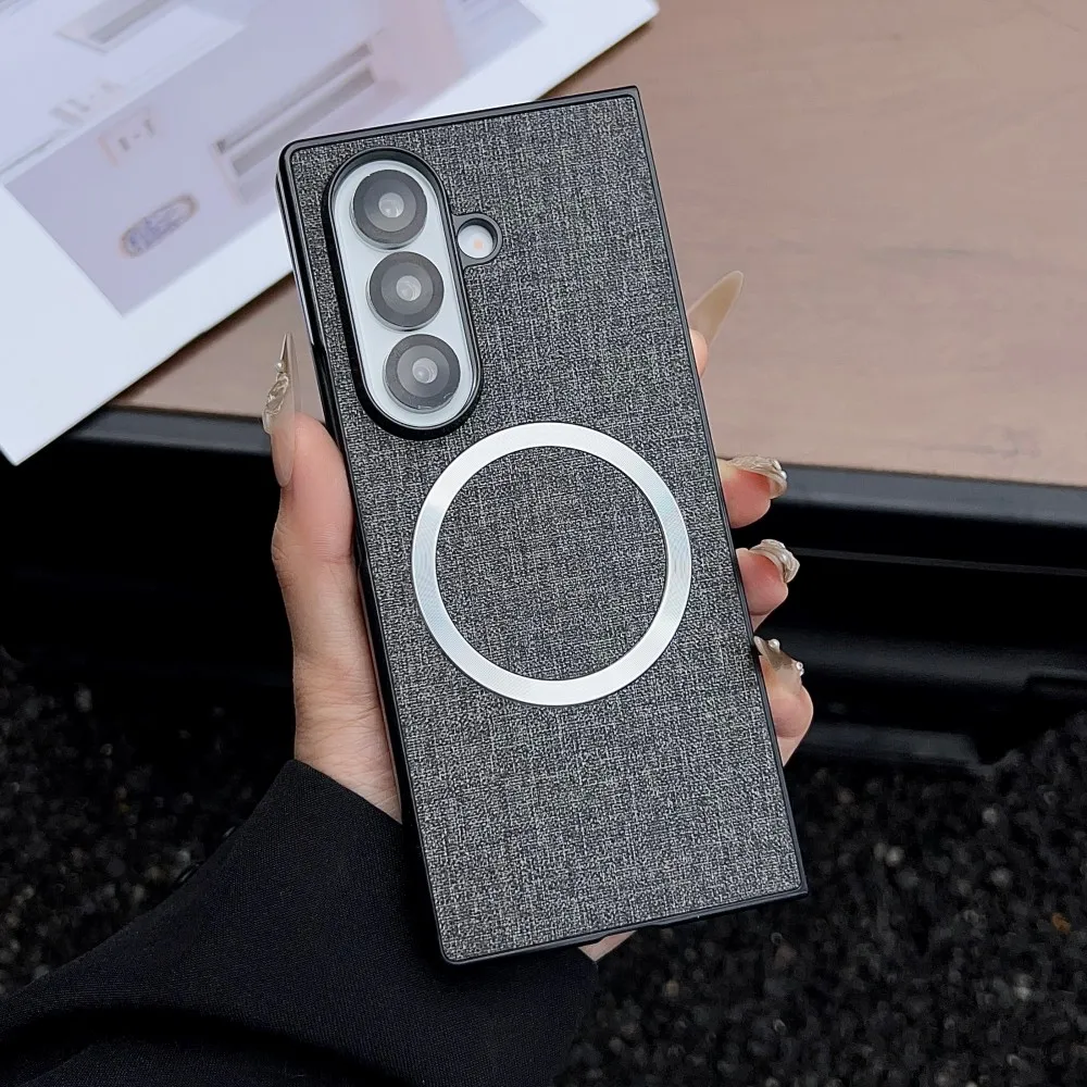 Para Samsung Galaxy Z Fold 7 funda de lujo PU tela magnética carga inalámbrica funda protectora trasera para Z Fold7 6 5 Shell