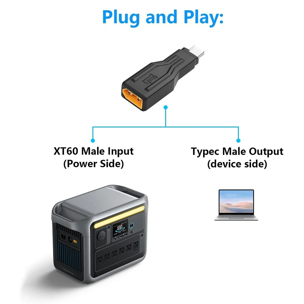 XT60 Power to USB C Adapter Energy Storage XT60 Male to Type-C Male 5V 9V 20V Charging Connector for Laptops LED Robot Vacuum - imagen 3