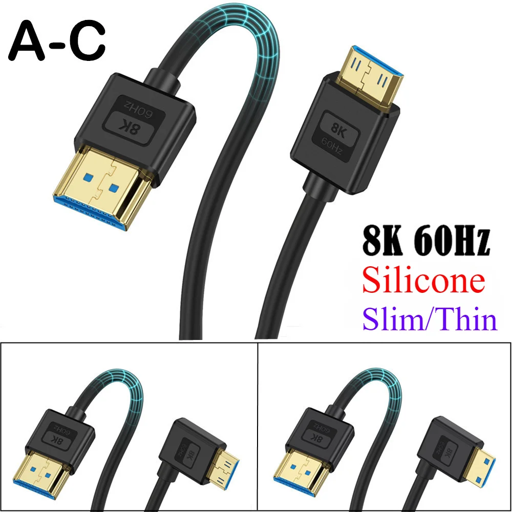 Cable de silicona Compatible con HDMI, 8K @ 60Hz, Super Extreme Slim Mini HDMI a HDMI 2,1 V, Ultra alta velocidad, 48gbps, diámetro de 4,0mm, 4K120H