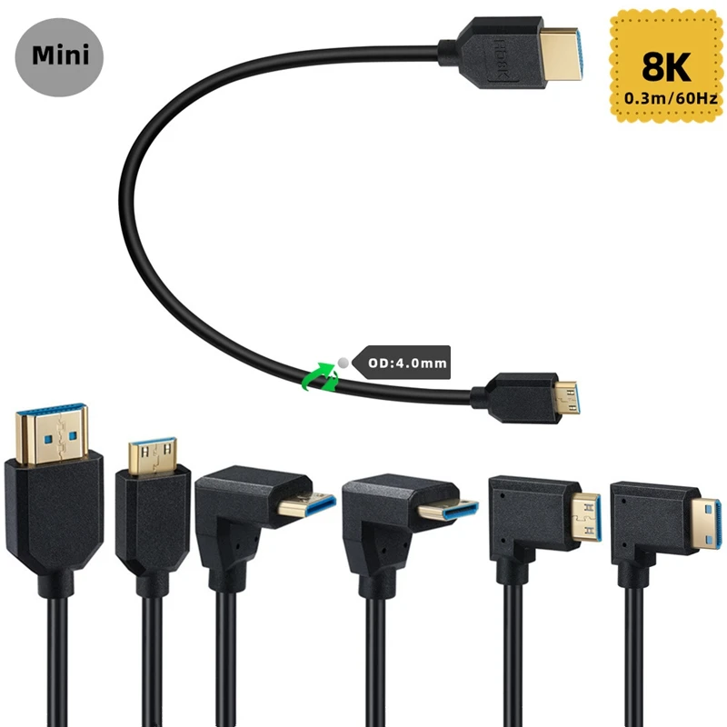 30cm OD4.0mm línea delgada HDMI compatible con Mini HDMI-cable de datos de codo compatible 2,1 V 8K 60Hz para pantalla de proyector de cámara