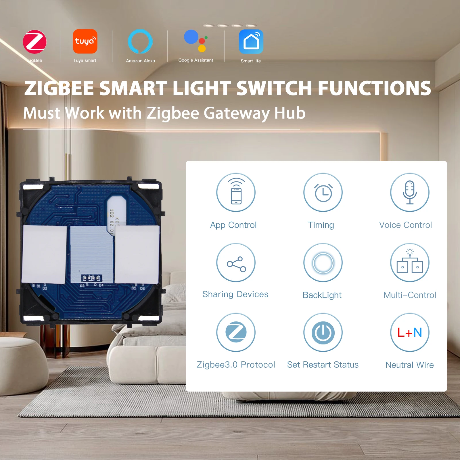 BSEED-interruptores inteligentes táctiles Zigbee, Base de función de 1/2/3 vías, marcos de Panel de vidrio con aplicación Tuya Smart Life, enchufe de la UE, combinación gratuita - imagen 3