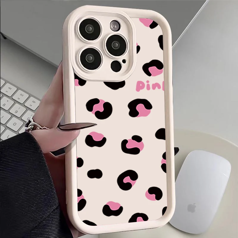 Funda rosa y bonita con estampado de leopardo para iPhone 11 12 13 14 15 16PRO MAX PLUS cobertura completa de lentes prevención de caídas funda de teléfono tpu