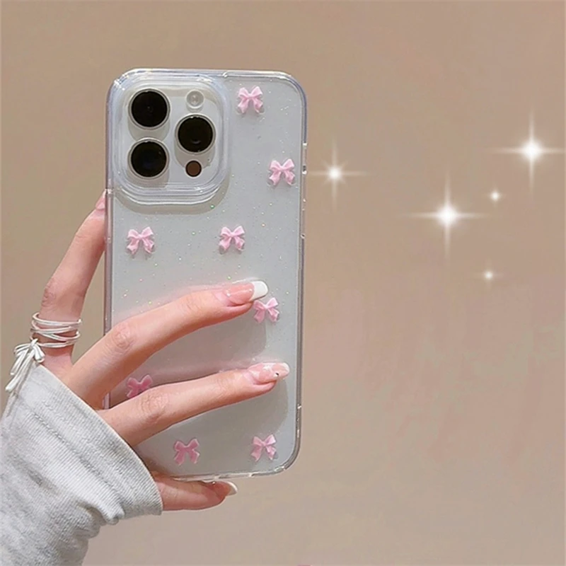 Bonita funda de teléfono con lazo rosa para iPhone 16, 15, 14, 13, 12, 11 Pro Max X XS Max MiNi Plus, funda suave para chica de Corea, carcasa con brillo epoxi - imagen 2