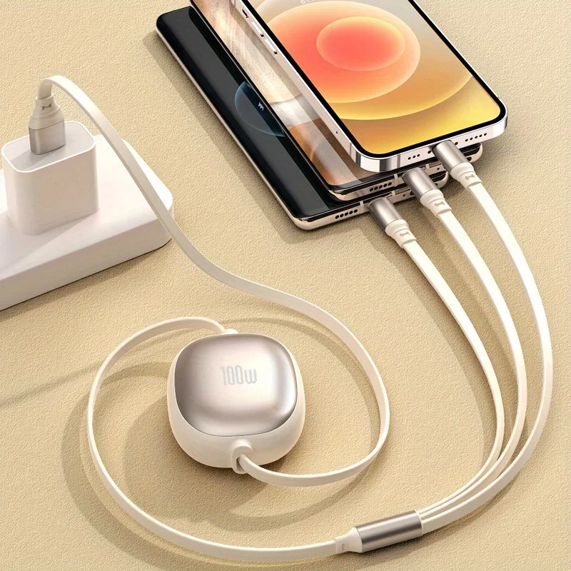 Cable de carga rápida micro retráctil 3 en 1 de 100W USB a tipo C para iPhone 14 13 12 11 Pro Max 7 8 Samsung S24 Xiaomi Cable - imagen 4
