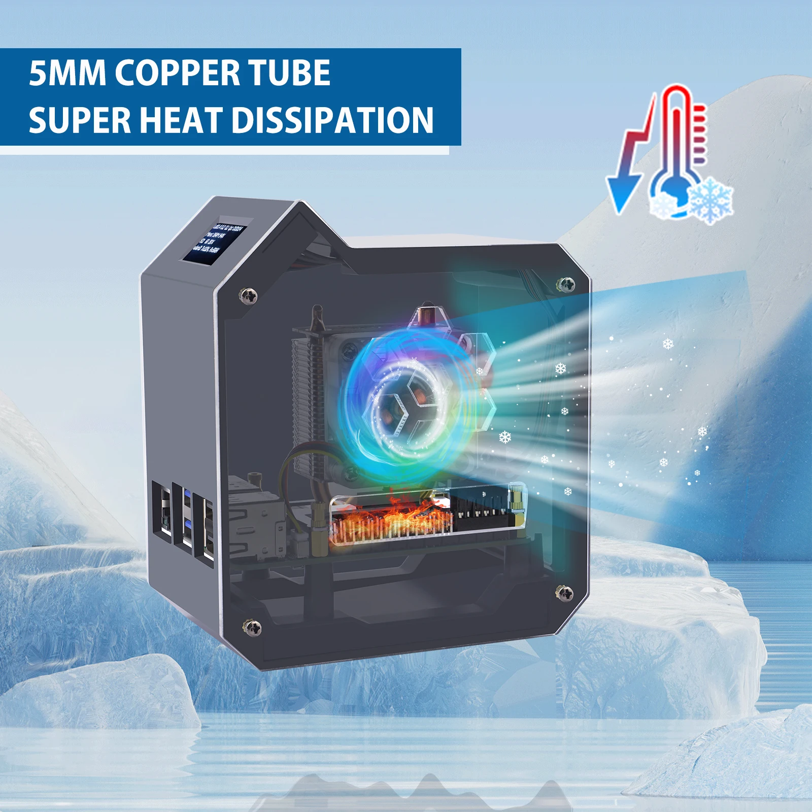 Mini ventilador de torre de hielo de tubo de cobre para Raspberry Pi 5 ABS, PWM JST, puerto de 4 pines, RGB LED con pantalla OLED de 0,96 "para RPI 5 Pi5 - imagen 2