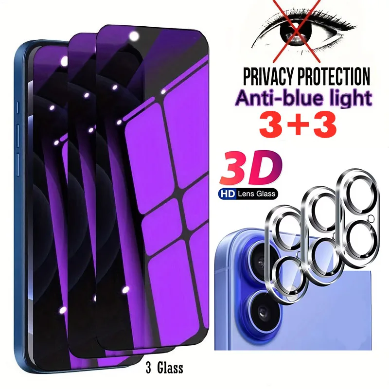 6 IN1 Anti-luz azul Protección de Privacidad Vidrio + Lente 3D Protector de Pantalla Anti Peep para iPhone 17 16 15 Pro Max 13mini 14 Plus 16e