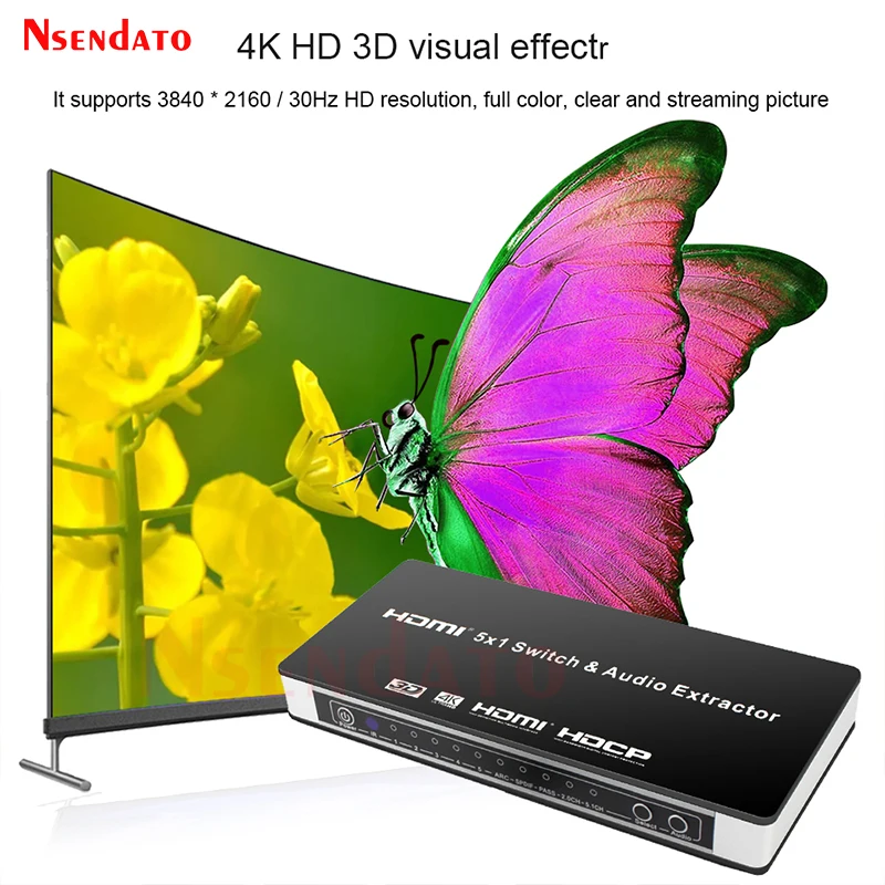 Conmutador HDMI 5X1 con Extractor de Audio Conmutador HDMI 5 en 1 salida 4K con interruptor HDMI de Audio R/L Extractor de Audio ARC con control remoto IR - imagen 3