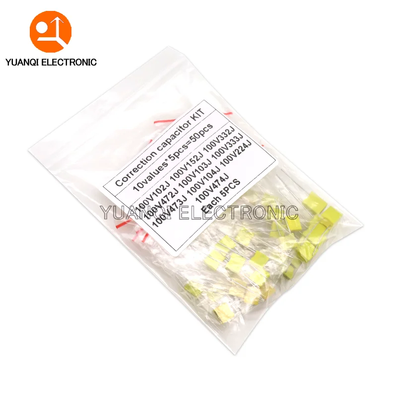 Kit de condensadores de corrección, paquete de 10 tipos * 5 piezas = 50 piezas, 100V, 102J, 152J, 332J, 472J, 103J, 333J, 473J, 104J, 224J, 474J
