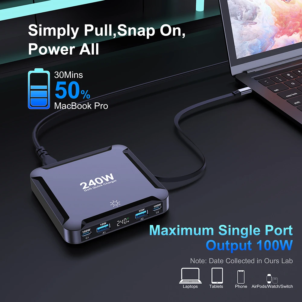 Ubigbuy-cargador GaN de 240W, estación de carga rápida con pantalla Digital, Cable retráctil USB C de 100W para iPhone 17, Samsung, MacBook - imagen 4