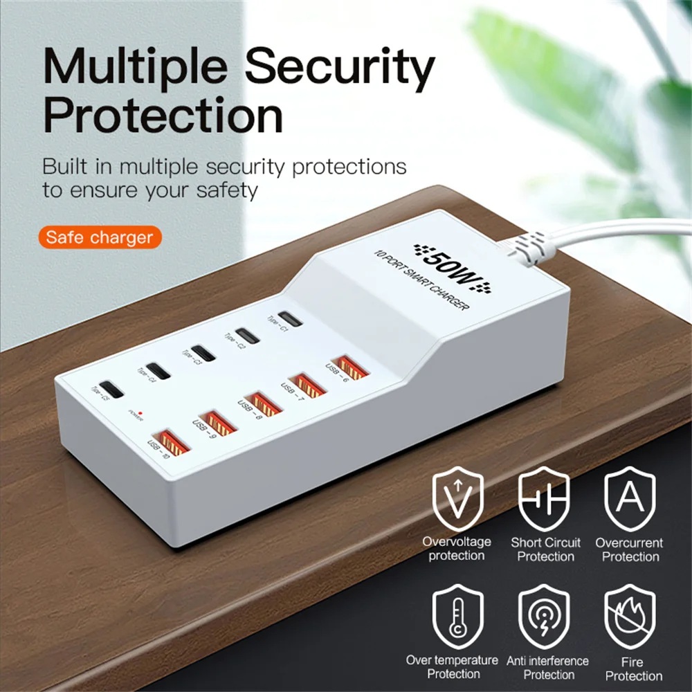 Protección de seguridad múltiple La carga simultánea viene con 50W 10 puertos para acortar el tiempo de carga Cargador seguro y rápido - imagen 2