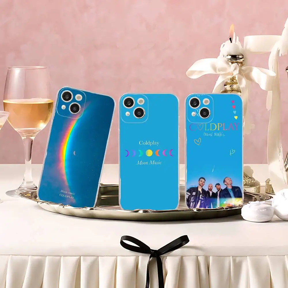 Funda de teléfono transparente con banda Moon Music Coldplay para IPhone 16, 15, 14, 13, 12, 11 Pro Max Plus, funda suave