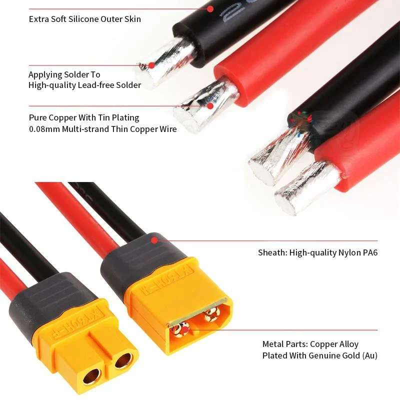 XT60H enchufe macho hembra con Cable Cable de extensión de conexión de carga de batería de litio 10AWG 12AWG 14AWG Cable de silicona de transferencia - imagen 2