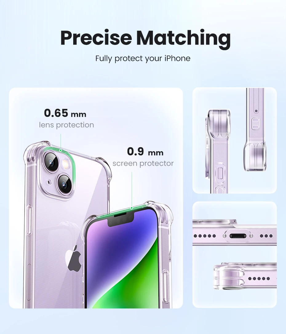 Un iPhone blanco con una caja morada y un protector de pantalla