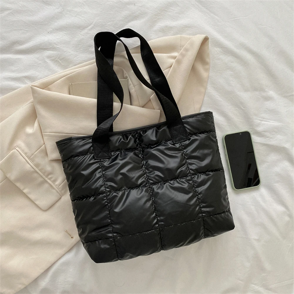 Bolso de mano acolchado de algodón de gran capacidad para mujer, Asa superior, bolsa de compras de rombos, sólido, para viajes de ocio - imagen 5