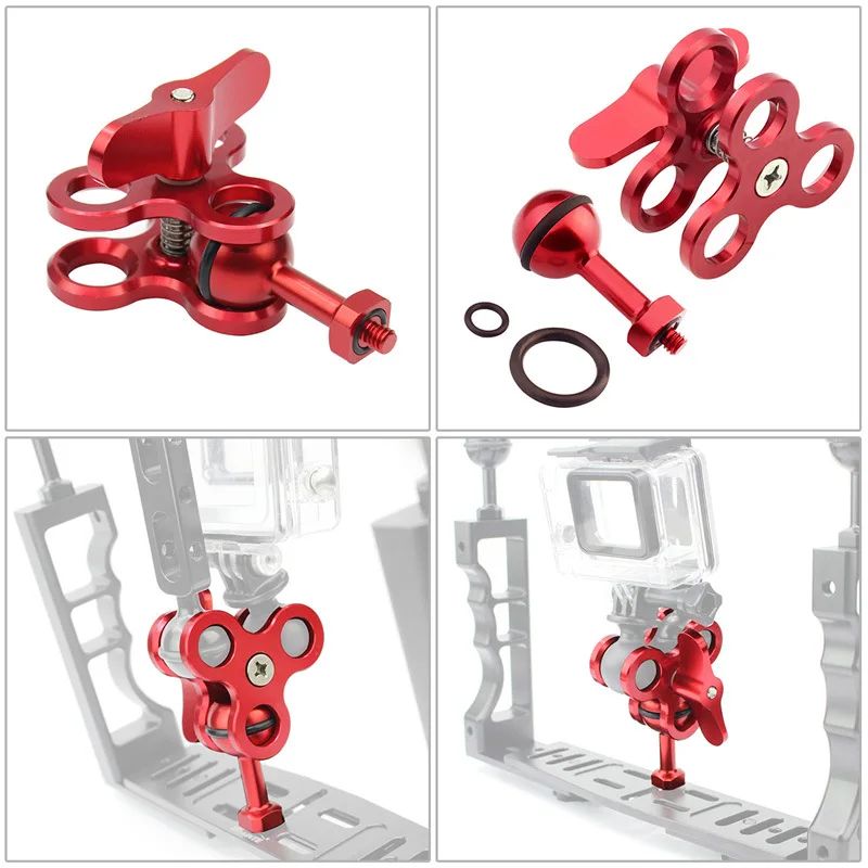 Accesorio de bola de buceo de aluminio, brazo de luces, Clip de mariposa Triple + adaptador de tornillo de montaje de 1/4 pulgadas para Gopro, Xiaomi, Yi, Cámara de Acción Sjcam - imagen 4