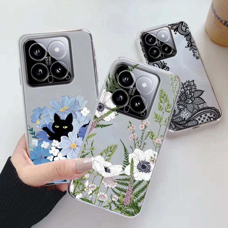 Para Xiaomi 14 funda de moda flores pintadas cubierta de teléfono de silicona transparente para Xiaomi 14 Xiaomi14 6,36 "Fundas divertido gato pareja Shell
