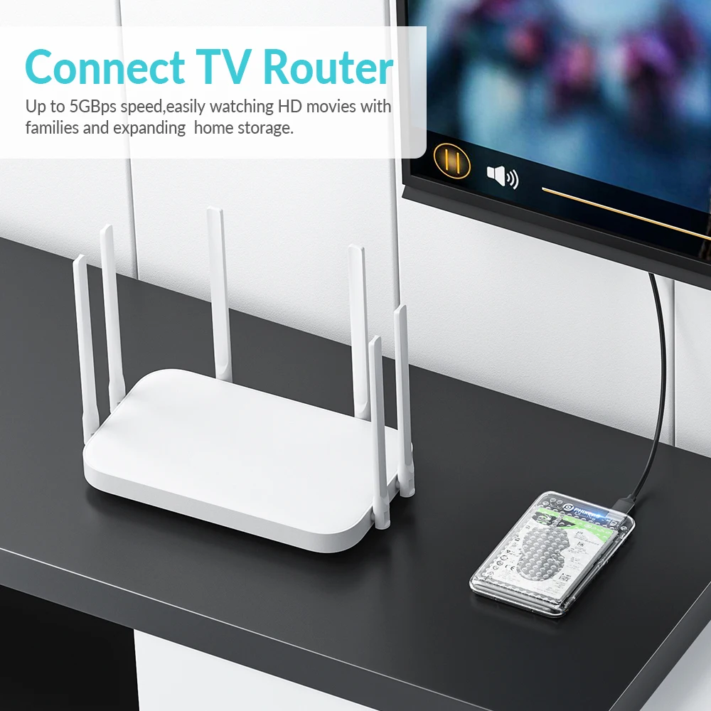 Una configuración de TV moderna centrada en un enrutador de TV. El enrutador está diseñado para brindar conectividad a Internet de alta velocidad, como lo indica el texto Velocidad de hasta 5 Gbps