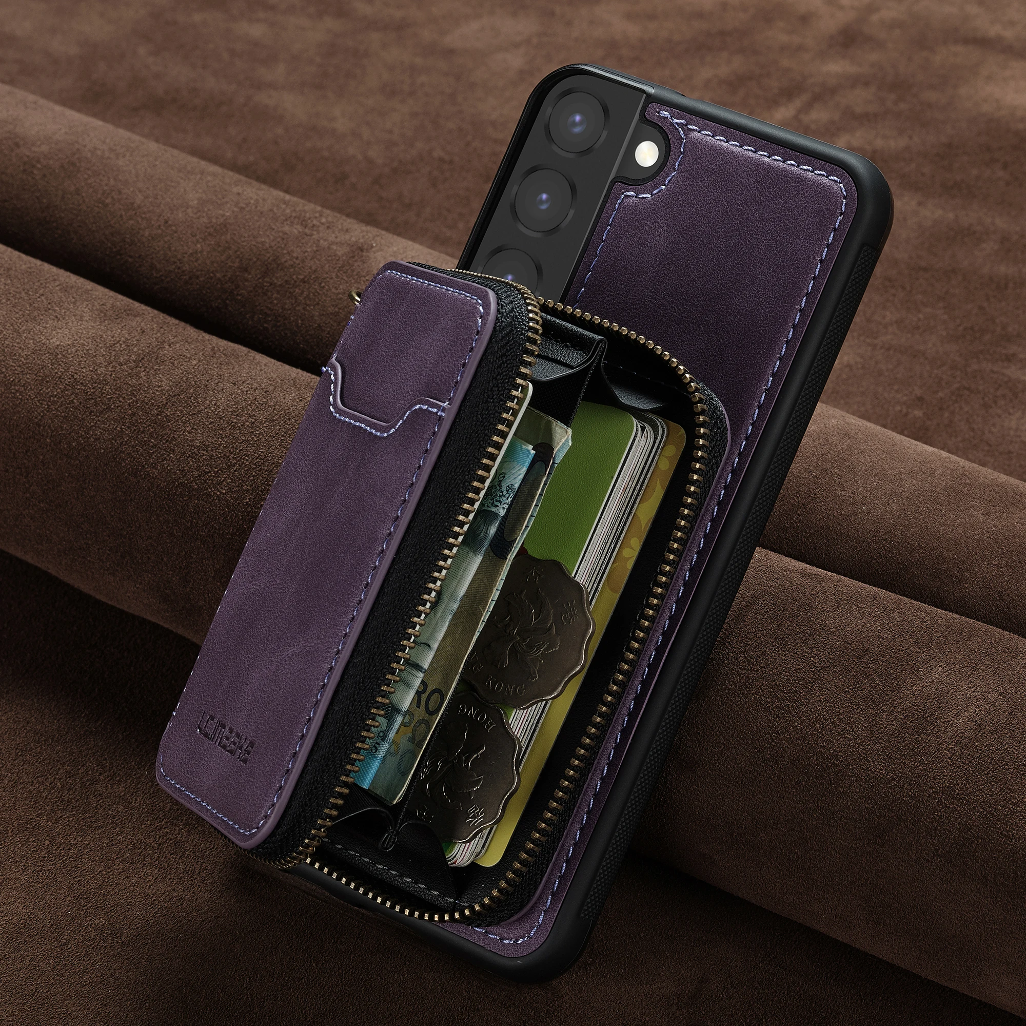 Funda tipo billetera de cuero con cremallera Solt para Samsung S25 Ultra S24 Plus S23 S22 A16 A36 A56, tarjetas magnéticas desmontables 2 en 1 - imagen 5