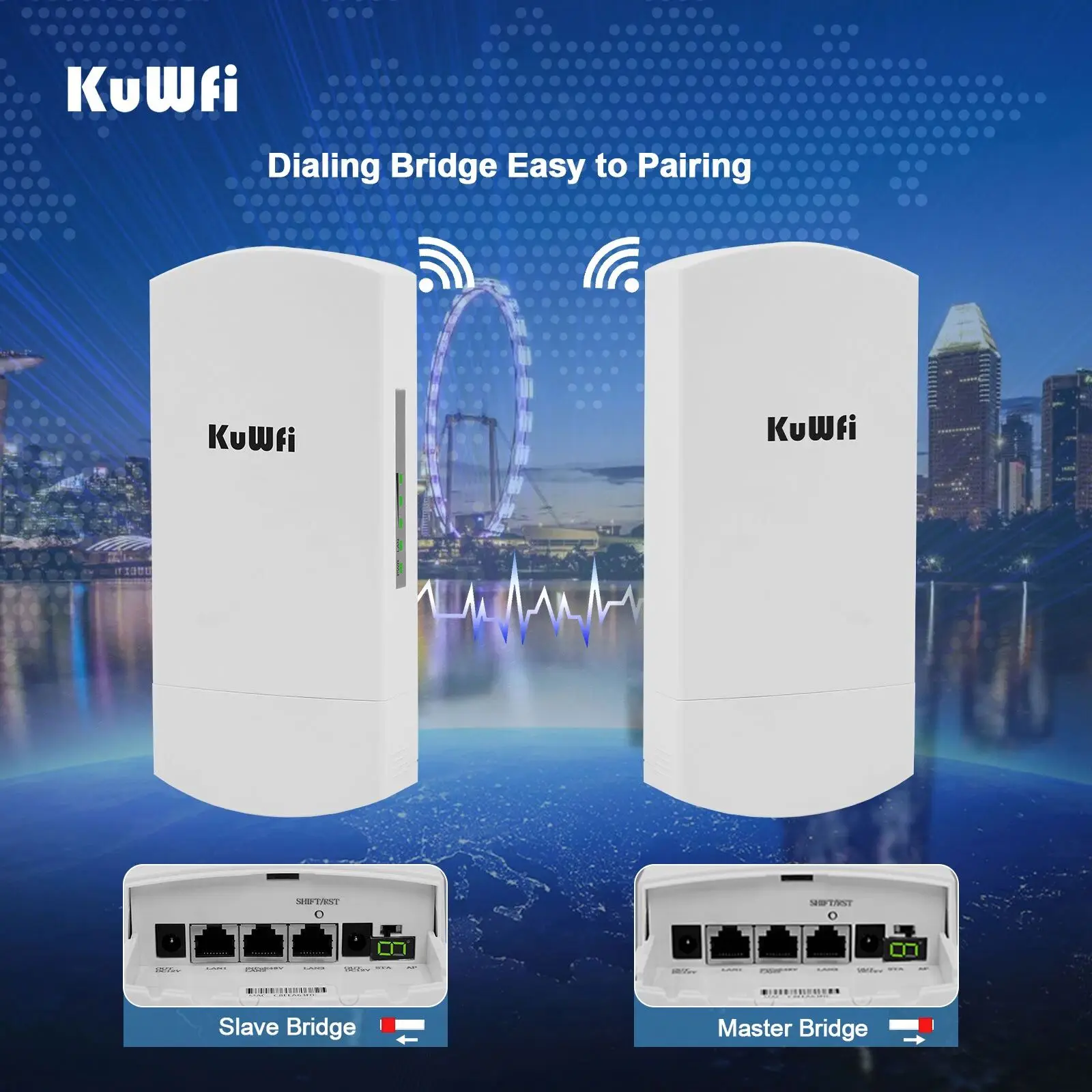 KuWFi-puente inalámbrico para exteriores, 5,8G, 300Mbps, CPE, PTP, 3KM de largo alcance con puerto LAN RJ45 de 3x10/100Mbps, antena de alta ganancia de 12dBi, 48V, PoE - imagen 3