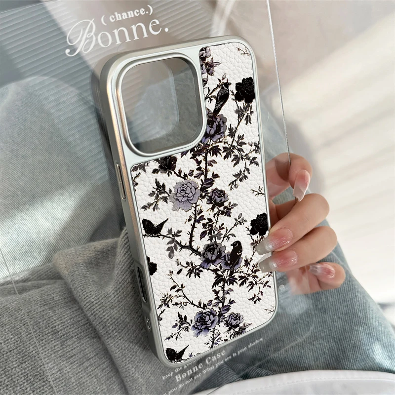 Funda de teléfono con textura de cuero y flores rosas ins para iPhone11/12/13/14/15/16/17 Pro Max AIR PLUS