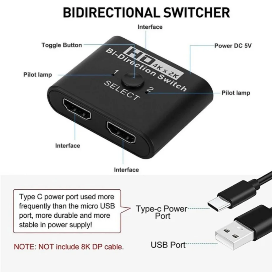 Divisor compatible con HDMI, 2 puertos, 4K x 2K, interruptor bidireccional compatible con HDMI para ordenador portátil, PC, Xbox, PS3, TV Box, Monitor, proyector - imagen 3