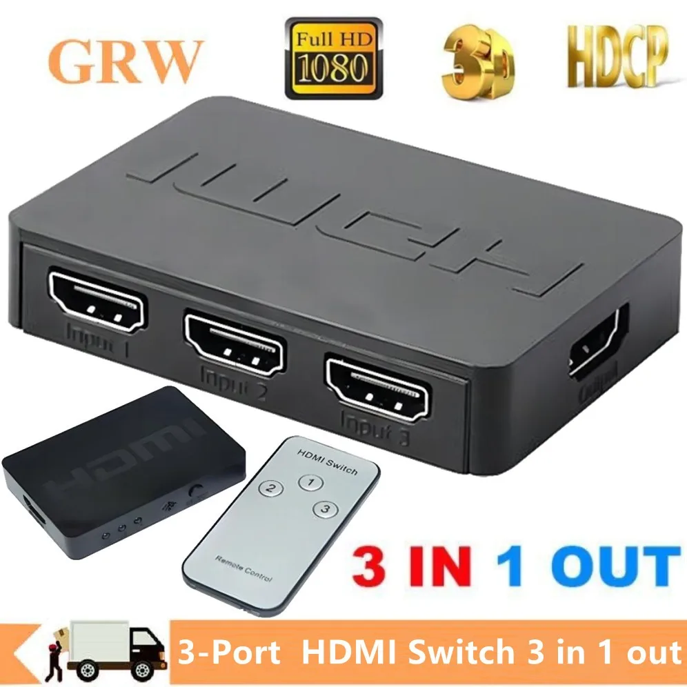 GRWIBEOU-conmutador Compatible con HDMI, 3 puertos, 3 entradas, 1 salida, 1080P, divisor de vídeo HDMI, adaptador Hub para Xbox, DVD, HDTV, PC, portátil y TV