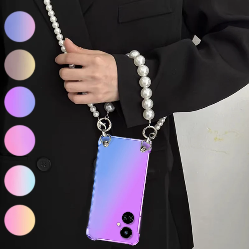 Funda cruzada con cordón de perlas para INFINIX, TECNO Camon 19 Pro, 18, 17, 16, 15 pro, pulsera, cadena, gradiente transparente, funda trasera para teléfono