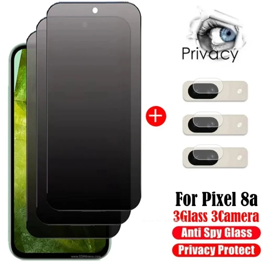 Protectores de pantalla de privacidad 3D 6 en 1 para Google Pixel 8a, vidrio templado protector antiespía para Google Pixel 8 8 Pro, película de cámara