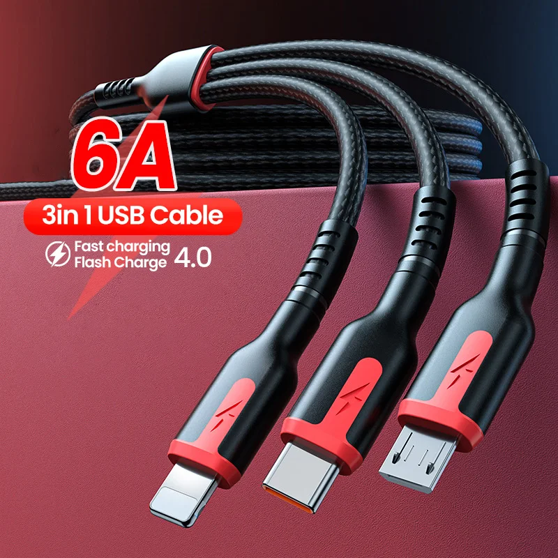Cable USB 3 en 1 de carga rápida, Cable de datos para iPhone Micro USB tipo C 13, 12, 11, 6A, 66W, Xiaomi, Samsung, OPPO, Huawei
