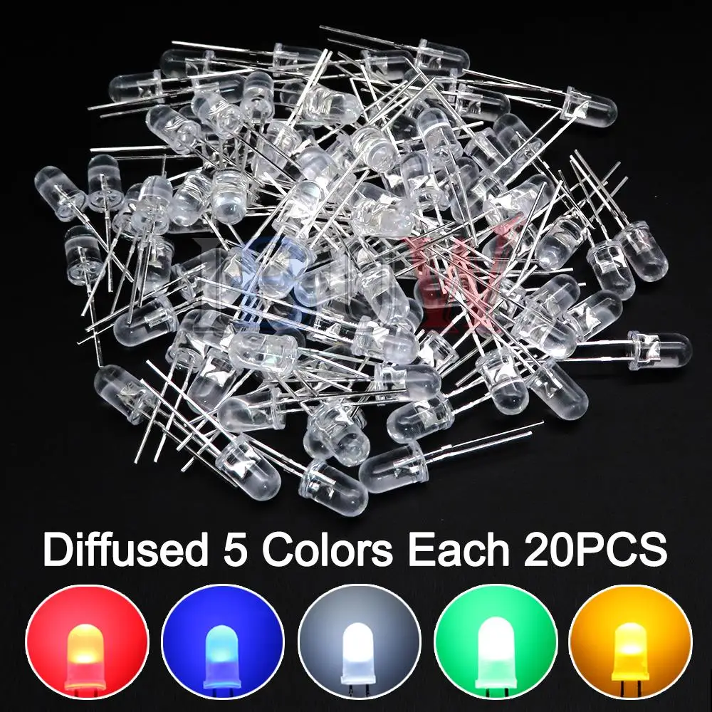 100 unids/lote 5mm diodo LED F5 Kit surtido IBUW blanco verde rojo azul amarillo naranja rosa púrpura blanco cálido DIY diodo emisor de luz - imagen 5