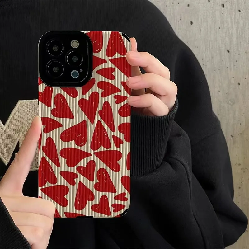 Funda de silicona a prueba de golpes para iPhone, carcasa Irregular de cuero rojo con corazón de amor para iPhone 14, 13, 15, 11, 12 Mini Pro Max, 7, 8 Plus, SE, X, XR, XS - imagen 2