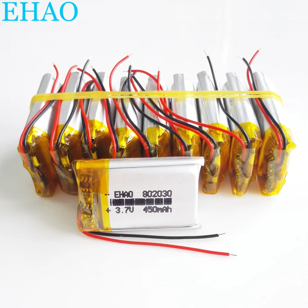 Lote 10 PCS 3.7V 450mAh Batería recargable LiPo de polímero de litio 802030   Para cámara Mp3 bluetooth GPS pieza electrónica móvil