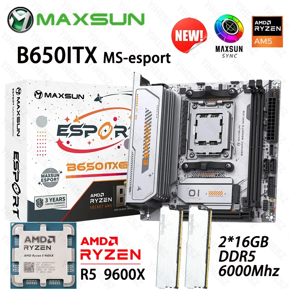 Maxsun B650M eSport juego de placa base AM5 R5 9600X 2*16GB 6000Mhz DDR5 RAM compatible con 1 * PCIe5.0x16 M.2 ARGB WIFI 6 integrado B650 ITX