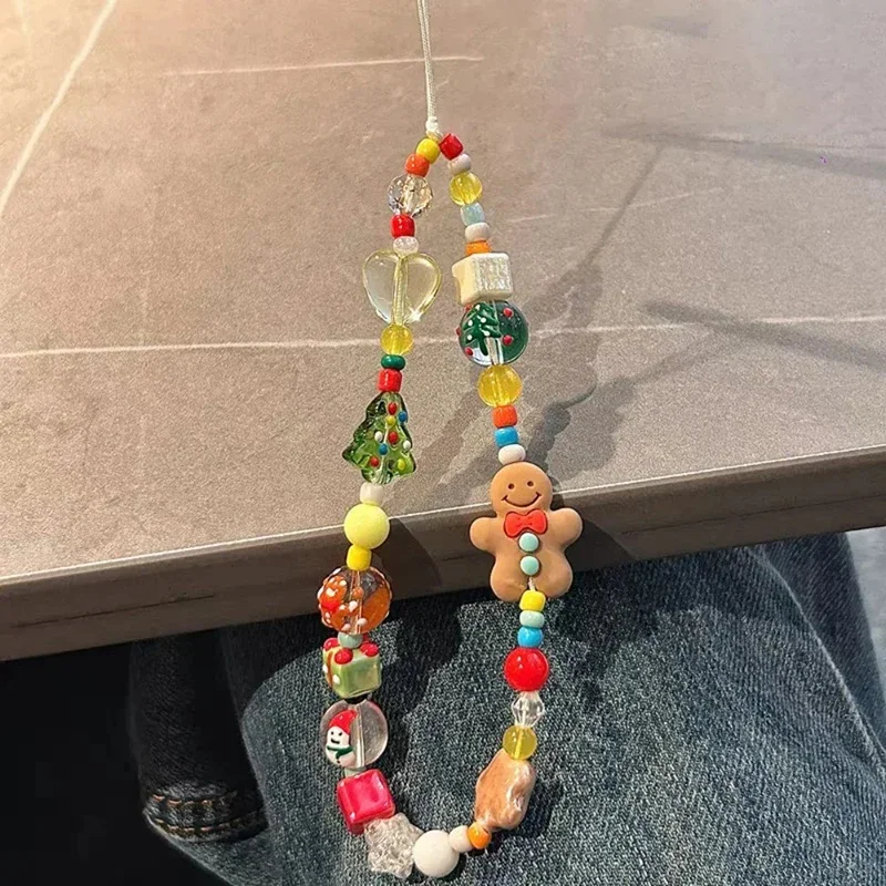 Coreano encantador 3D Navidad hombre de jengibre con cuentas teléfono acrílico colgante llavero para IPhone chica Anti-Pérdida cadena colgante joyería