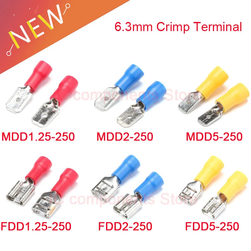 10 Uds. Terminal de engarzado macho hembra 6,3mm conector de Cable de pala aislado enchufe de Cable de cableado eléctrico MDD2-250 MDD5 FDD1.25-250