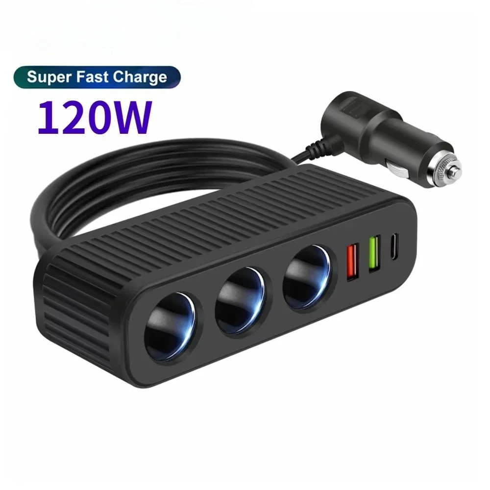 Cargador de coche USB de 120W, enchufe multifuncional 4 en 1, encendedor de cigarrillos, adaptador de corriente de carga rápida para cargador de teléfono móvil iPhone