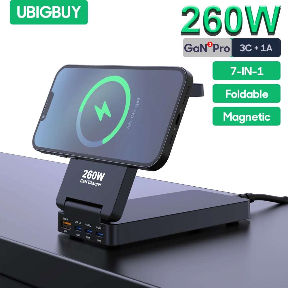 Ubigbuy 260W GaN estación de carga PD100W PPS 65W USB tipo C cargador rápido inalámbrico magnético plegable para MacBook iPhone 16 Samsung