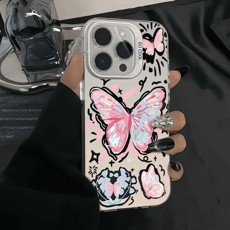 Funda de teléfono con diseño de mariposa de línea rosa para iPhone 17 16 15 14 Plus 13 12 11 16E Pro Max 17 Air X XR XS, cubierta dura de parachoques mate