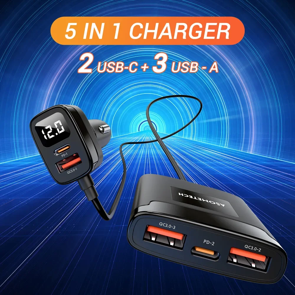 ASOMETECH-cargador USB tipo C para coche, dispositivo de carga rápida con 5 puertos QC3.0, PD3.0, SCP, para iPhone, Samsung, Tablet, Xiaomi, 78W - imagen 3