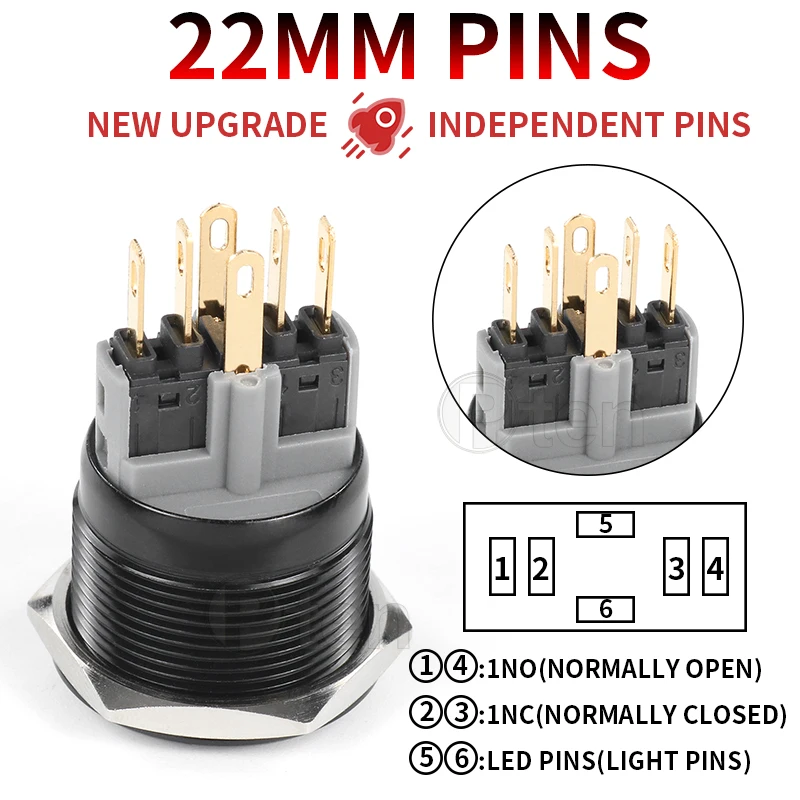 Interruptor de botón de Metal impermeable 2NO2NC, interruptor de encendido de motor de coche momentáneo de luz LED, 3/6/12/24/220V, negro 1NO1NC, 16/19/22mm - imagen 3