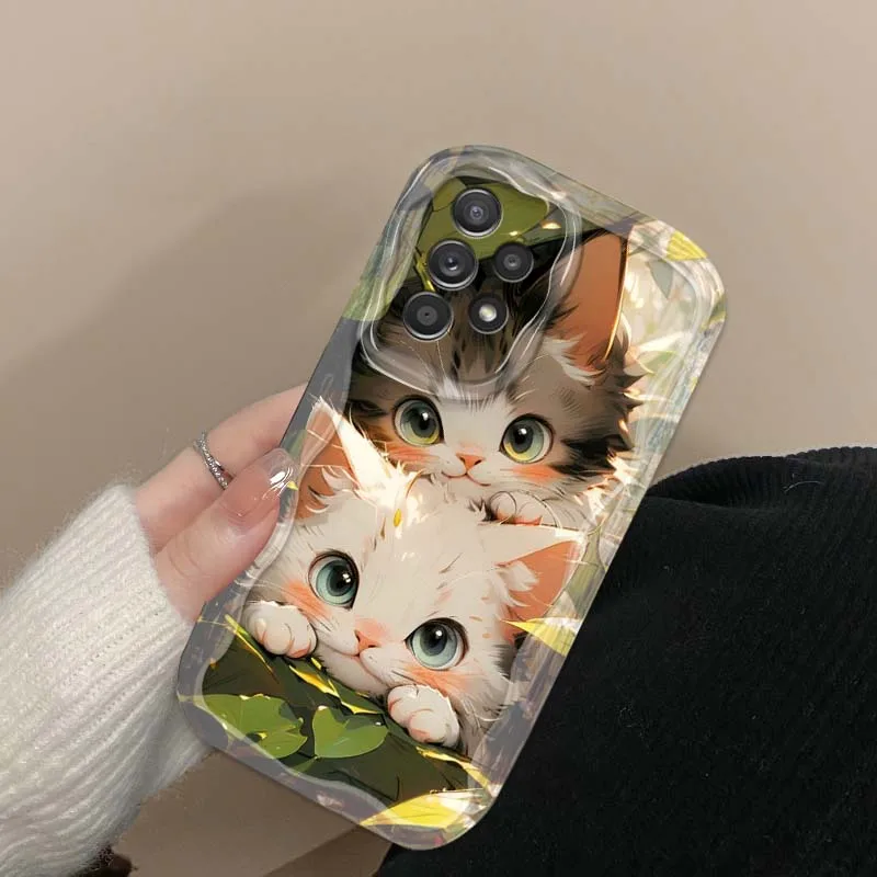 Hermosa funda de teléfono con arte floral de gato para Samsung A73 A72 A71 A56 A55 A54 A53 A52 A51 A32 A36 A26 A25 A13 A14 5G aceite ondulado - imagen 3